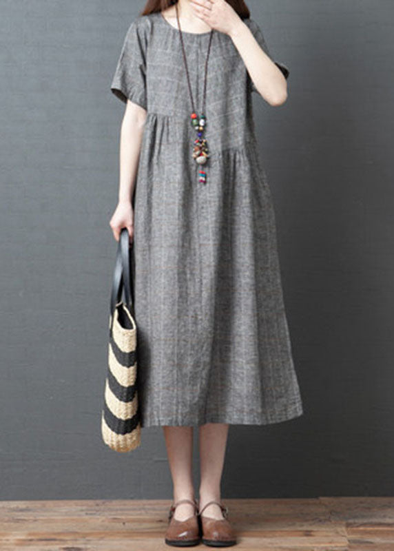 Grey Plaid Vacation Dress O-Neck Cinched Short Sleeve