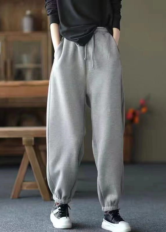 Grey Pockets Cinched Warm Fleece Pants Elastic Waist Spring