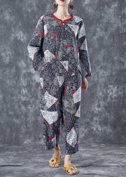 Grey Print Cotton Two Pieces Set Chinese Button Fall