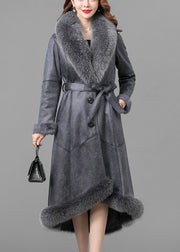 Grey Silm Fit Fuzzy Rabbit Leather And Fur Jacket Fox Collar Winter