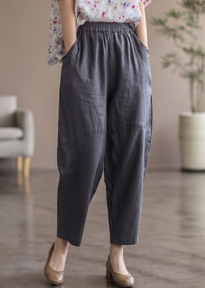 Grey Solid Patchwork Linen Pants High waist Summer