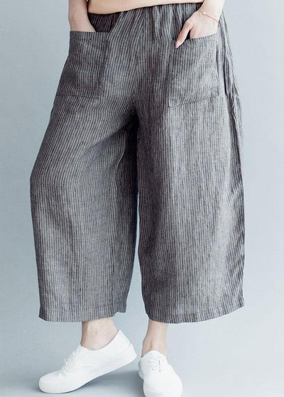 Grey Striped Pockets Wide Leg Fall Casual Pants - bagstylebliss