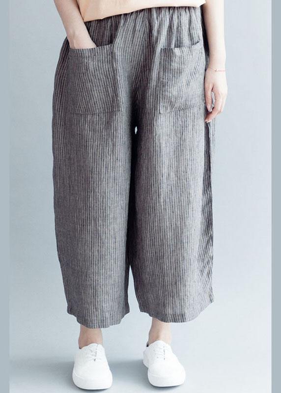 Grey Striped Pockets Wide Leg Fall Casual Pants - bagstylebliss