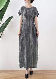 Grey Tie Dye Vintage Long Dresses Tie Waist Short Sleeve