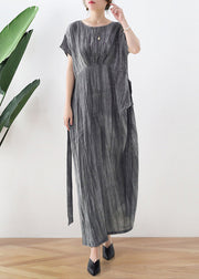 Grey Tie Dye Vintage Long Dresses Tie Waist Short Sleeve