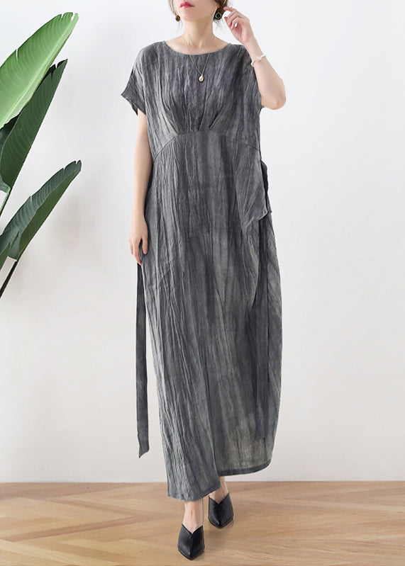 Grey Tie Dye Vintage Long Dresses Tie Waist Short Sleeve