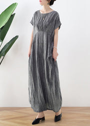 Grey Tie Dye Vintage Long Dresses Tie Waist Short Sleeve