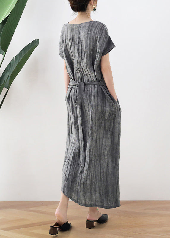 Grey Tie Dye Vintage Long Dresses Tie Waist Short Sleeve