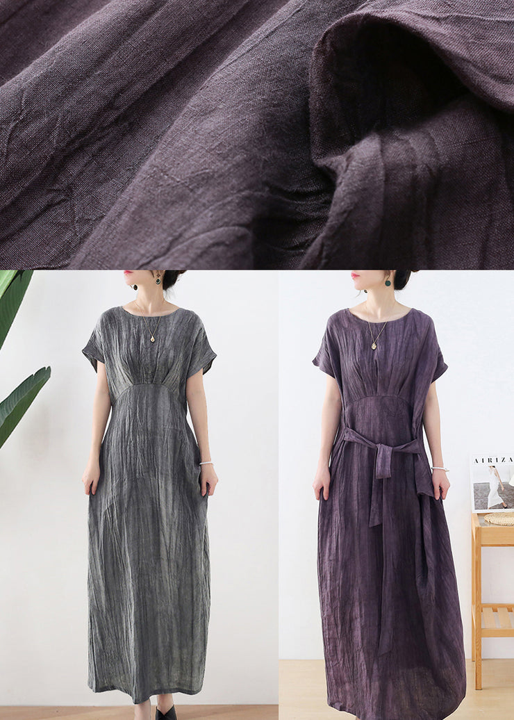 Grey Tie Dye Vintage Long Dresses Tie Waist Short Sleeve