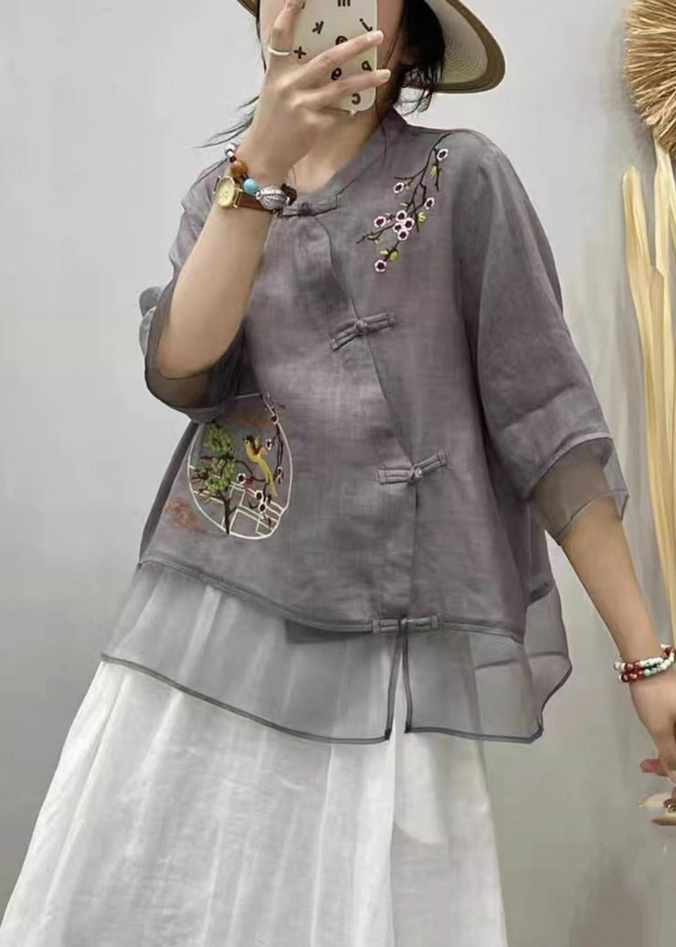 Grey Tulle Patchwork Cotton Shirt O Neck Bracelet Sleeve