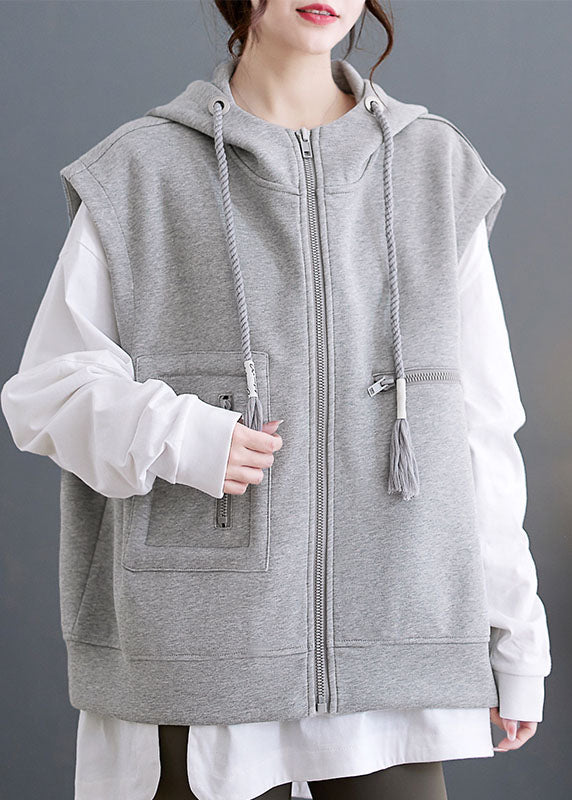 Grey Zippered Drawstring Hooded Waistcoat Sleevele