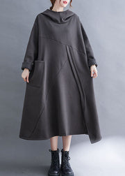 Grey asymmetrical design Warm Fleece Long Dresses Hooded Winter