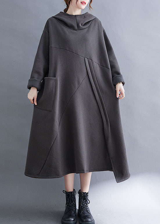 Grey asymmetrical design Warm Fleece Long Dresses Hooded Winter