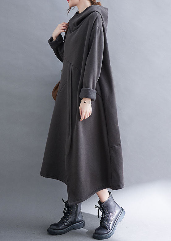 Grey asymmetrical design Warm Fleece Long Dresses Hooded Winter