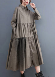 Grey pockets Cotton Shirt Dresses wrinkled Long Sleeve