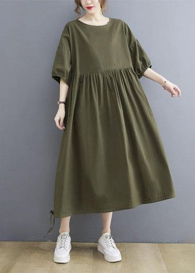 Handmade Army Green Cinched O Neck Vacation Dresses Puff Sleeve - bagstylebliss