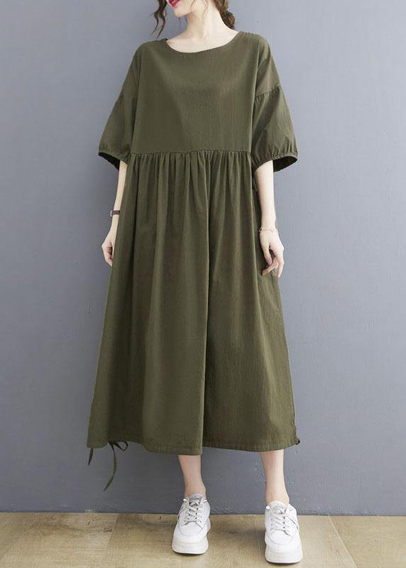 Handmade Army Green Cinched O Neck Vacation Dresses Puff Sleeve - bagstylebliss