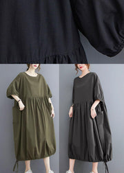 Handmade Army Green Cinched O Neck Vacation Dresses Puff Sleeve - bagstylebliss