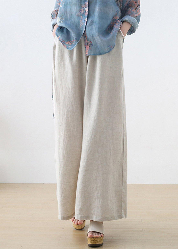 Handmade Beige Elastic Waist Wide Leg Linen Pants - bagstylebliss