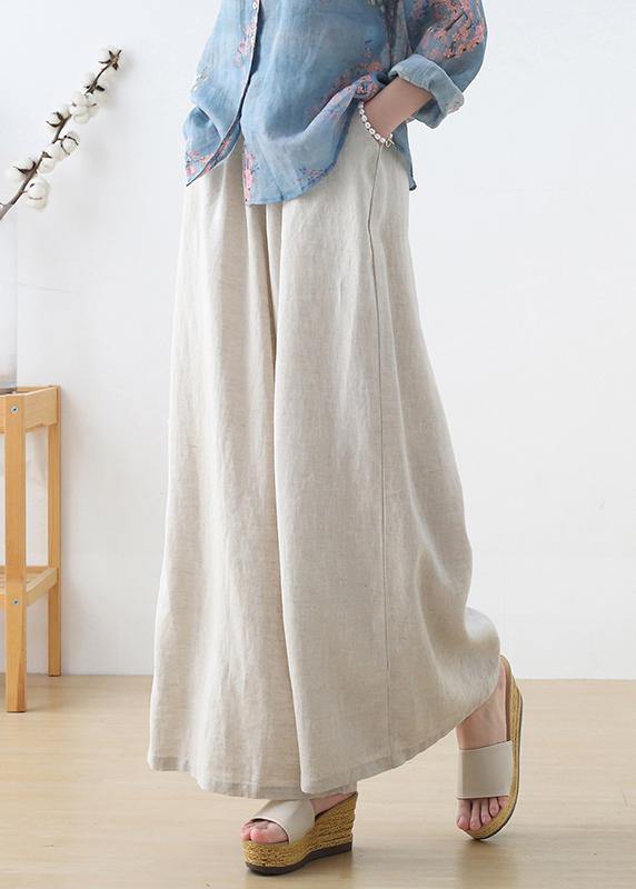 Handmade Beige Elastic Waist Wide Leg Linen Pants - bagstylebliss