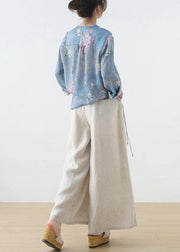 Handmade Beige Elastic Waist Wide Leg Linen Pants - bagstylebliss