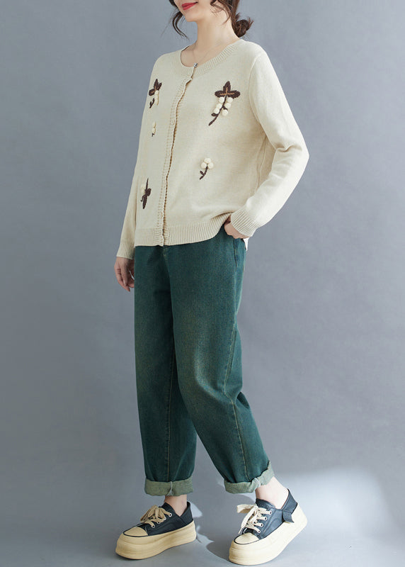 Handmade Beige Embroidered Knit Cardigan Winter