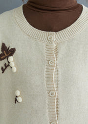 Handmade Beige Embroidered Knit Cardigan Winter