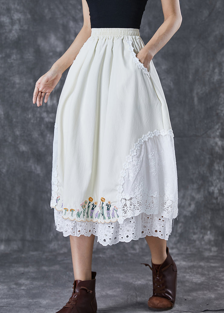 Handmade Beige Embroidered Patchwork Cotton Skirt Fall