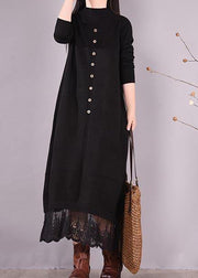 Handmade Black Clothes O Neck Patchwork Lace Kaftan Spring Dresses - bagstylebliss