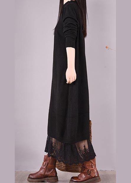 Handmade Black Clothes O Neck Patchwork Lace Kaftan Spring Dresses - bagstylebliss
