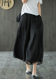 Handmade Black Elastic Waist Retro Wide Leg Crop Pants - bagstylebliss