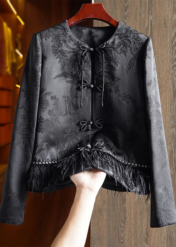 Handmade Black Embroidered Tassel Silk Top Fall