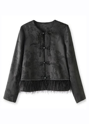 Handmade Black Embroidered Tassel Silk Top Fall