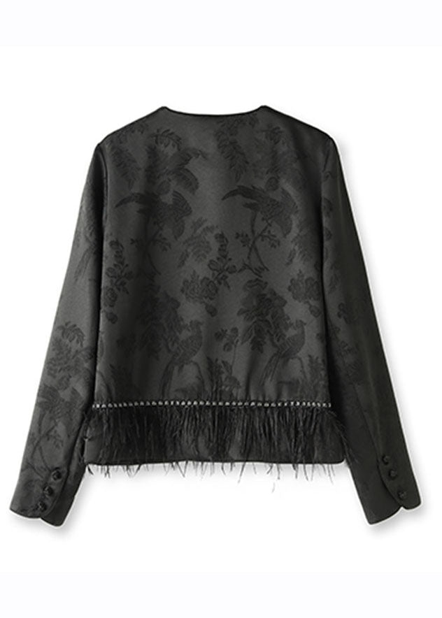 Handmade Black Embroidered Tassel Silk Top Fall