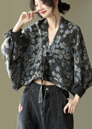 Handmade Black Floral Pockets Denim Long sleeve Short Coats - bagstylebliss