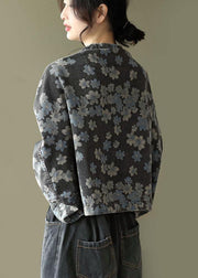 Handmade Black Floral Pockets Denim Long sleeve Short Coats - bagstylebliss
