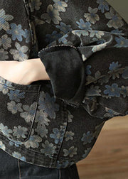 Handmade Black Floral Pockets Denim Long sleeve Short Coats - bagstylebliss