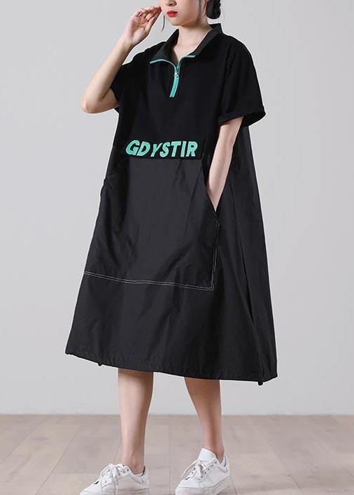 Handmade Black Graphic zippered Holiday Summer Cotton Dress - bagstylebliss