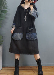 Handmade Black Hooded Pockets Dress Spring