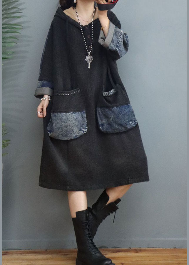 Handmade Black Hooded Pockets Dress Spring