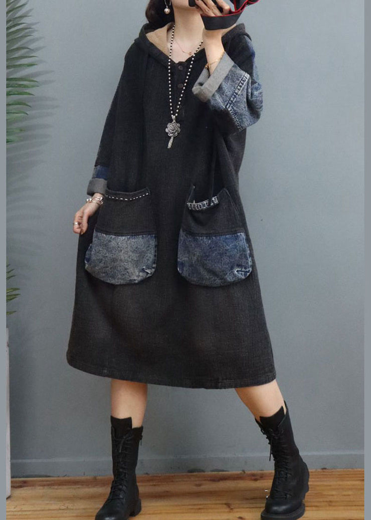 Handmade Black Hooded Pockets Dress Spring