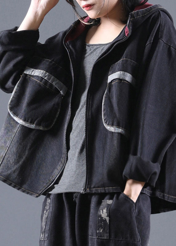 Handmade Black Hooded denim Coats Spring