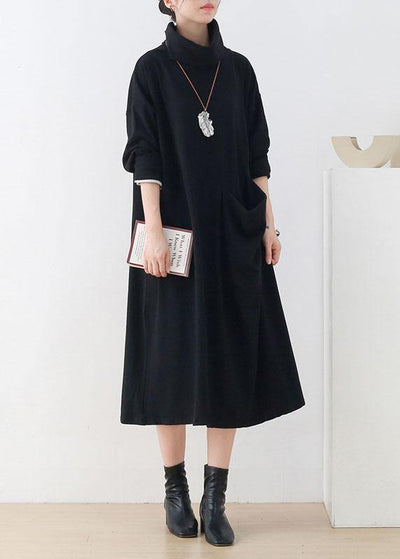 Handmade Black Loose Turtleneck Fall Cotton Dress Long sleeve - bagstylebliss