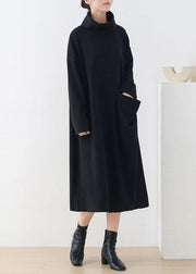 Handmade Black Loose Turtleneck Fall Cotton Dress Long sleeve - bagstylebliss