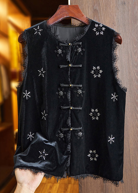 Handmade Black Nail Bead Lace Patchwork Silk Velour Shirt Waistcoat Sleeveless