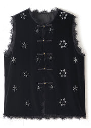 Handmade Black Nail Bead Lace Patchwork Silk Velour Shirt Waistcoat Sleeveless