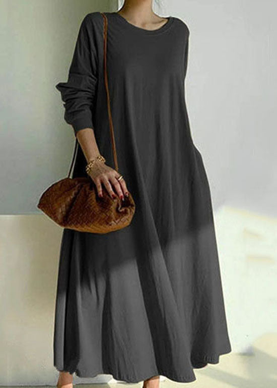 Handmade Black O Neck Patchwork Cotton Long Dress Spring