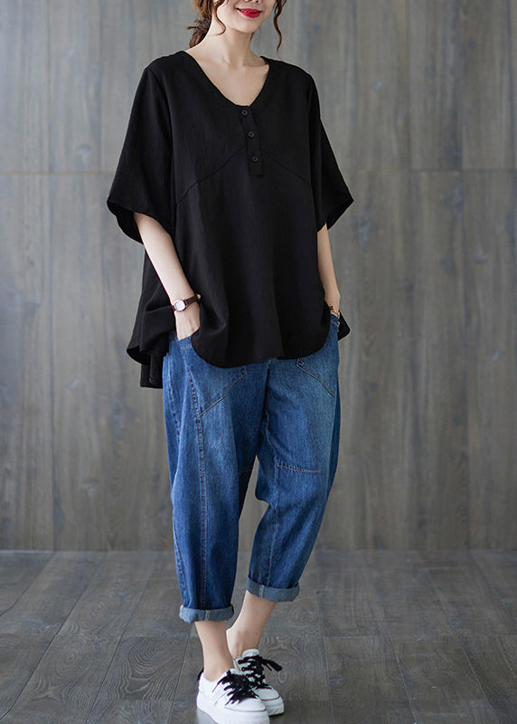 Handmade Black Oversized Patchwork Cotton Tops Summer