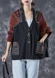 Handmade Black Oversized Patchwork Knit Denim Jackets Fall