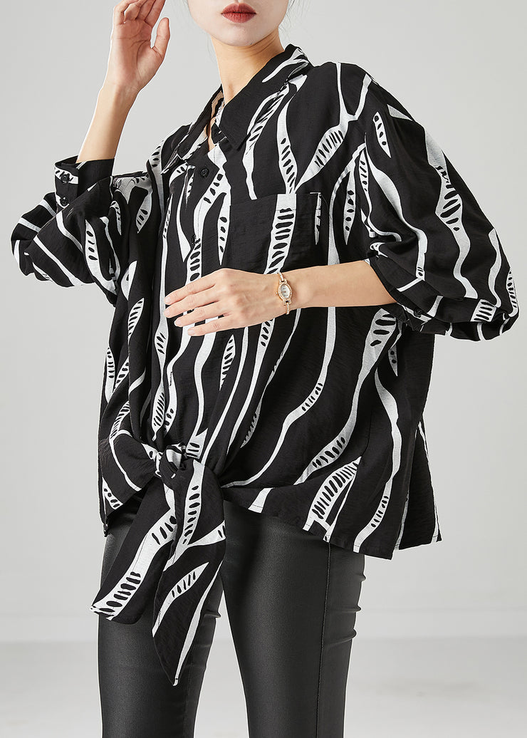 Handmade Black Oversized Print Cotton Shirt Top Fall